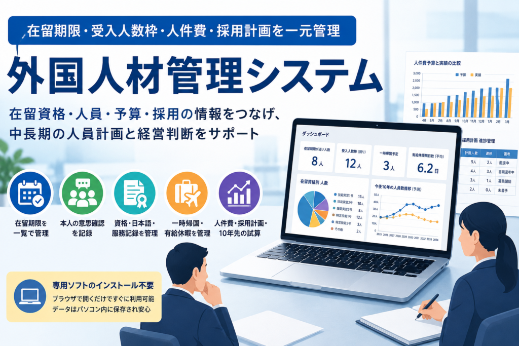 在留期限・受入人数枠・人件費・採用計画を一元管理する「外国人材管理システム」